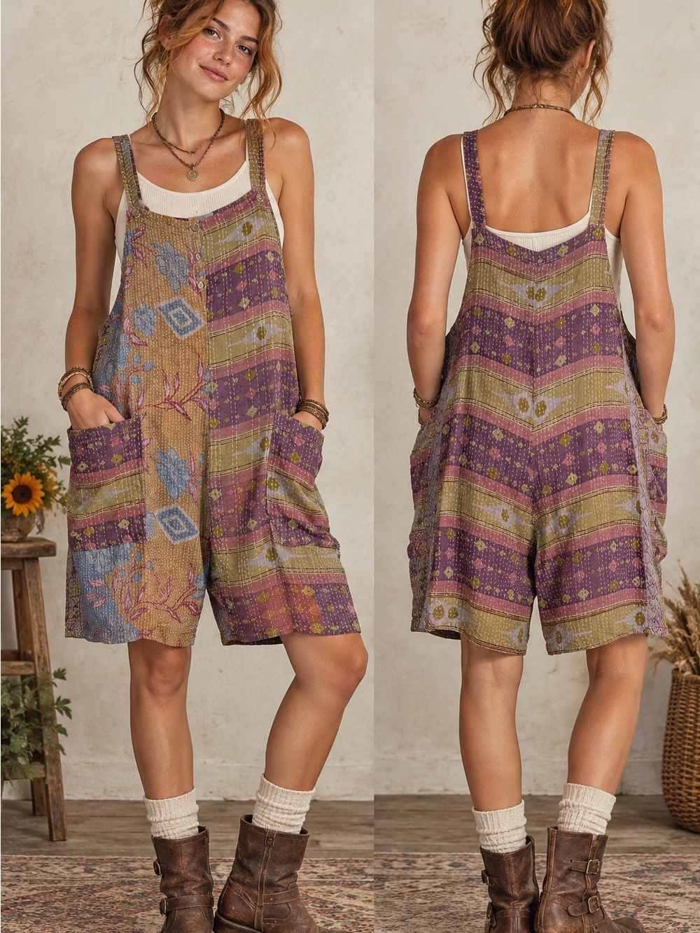 🌸 Kantha Bae Reversible Kantha Shortalls One Size Boho Patchwork Overalls
